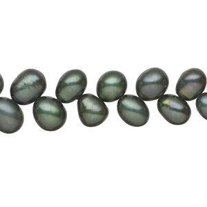 Freshwater pearl 1pkg1, herringbone-drilled rice, 13 inch dark blue-green 7x6mm-9x7mm cultured