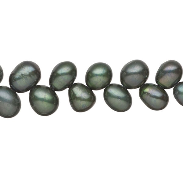 Freshwater pearl 1pkg1, herringbone-drilled rice, 13 inch dark blue-green 7x6mm-9x7mm cultured image number 0