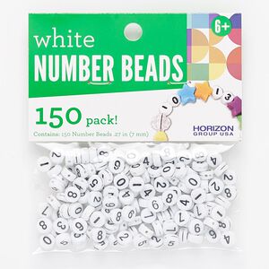 Bead mix, plastic, opaque white and black, 7mm double-sided flat round with numbers "0" to "9." Sold per pkg of 150.