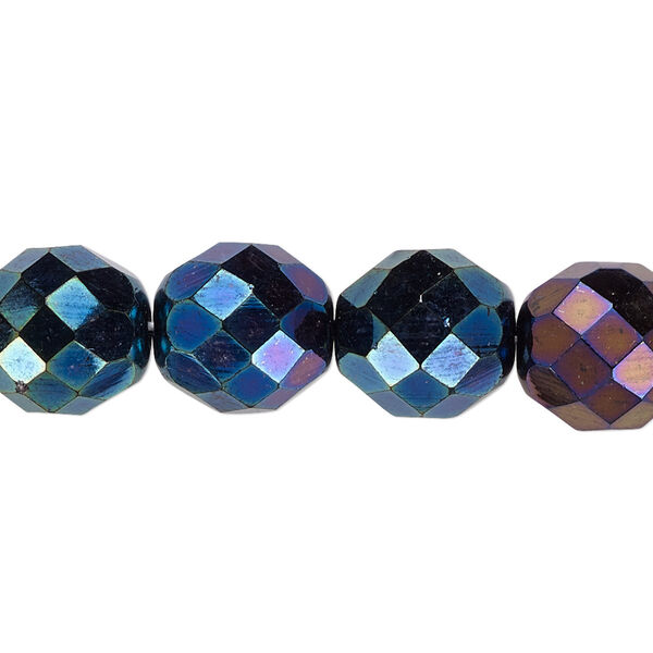 Bead, Czech fire-polished glass, pkg/15-1/2 to 16 inches, 12mm faceted round, opaque iris blue, (23980-21435). image number 0