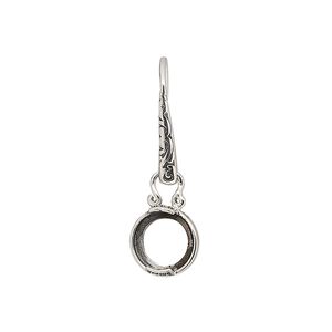 Earring fishhook 1pkg2 sterling silver, 29mm / fancy dot design / 8mm round 2-prong open back cab setting, 20 gauge antiqued 1 pair