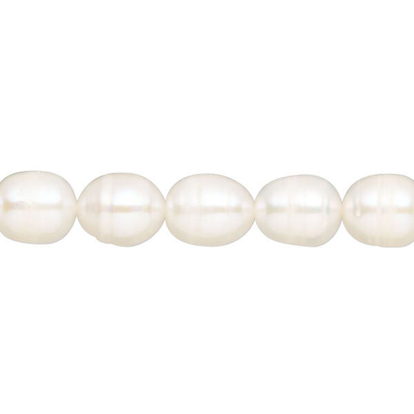 Pearl, cultured freshwater (bleached), white, 8x7mm rice, D grade, Mohs hardness 2-1/2 to 4. Sold per 15-inch strand. image number 0