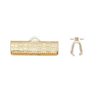 Ribbon crimp end, gold-plated brass, 19x6mm textured rectangle. Sold per pkg of 10.