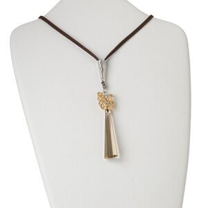 Necklace, glass / silver-finished (tin-based alloy) / faux suede, light topaz and brown, 63x17mm faceted drop, 36 inches. Sold individually.
