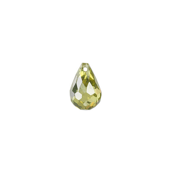Bead, cubic zirconia, peridot green, 12x8mm top-drilled faceted teardrop, Mohs hardness 8-1/2. Sold per pkg of 2. image number 0