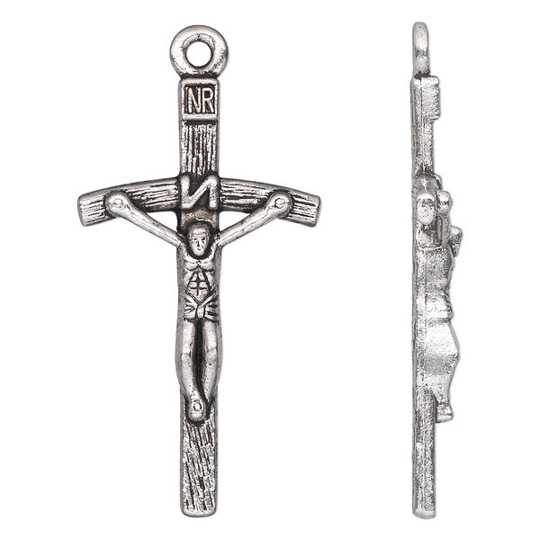 Focal, antique silver-plated "pewter" (zinc-based alloy), 45x25mm single-sided crucifix. Sold per pkg of 10. image number 0
