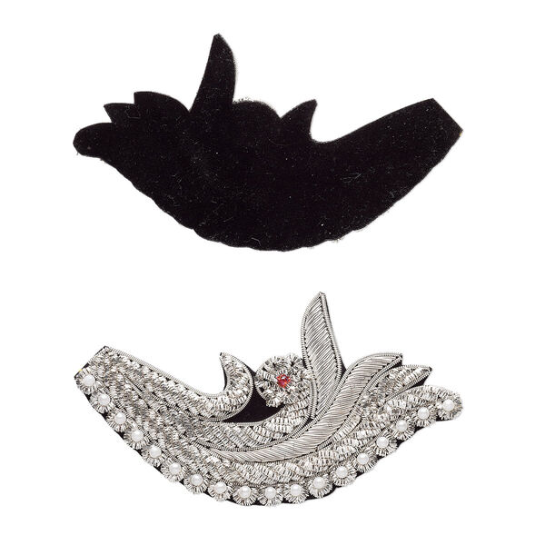 Sew-on component, velveteen / acrylic pearl / glass seed bead / silver-finished copper French wire, black / white / pink, 4-1/4 x 2-1/4 inch fancy. Sold individually. image number 0