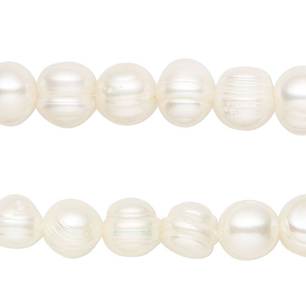 Pearl, cultured freshwater (bleached), white, 8-10mm semi-round, D grade, Mohs hardness 2-1/2 to 4. Sold per pkg of (2) 15-1/2" to 16" strands. image number 0