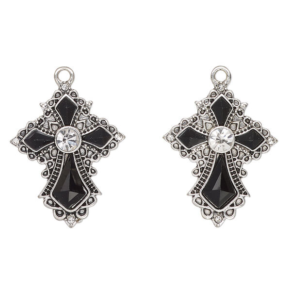 Drop, antique silver-finished "pewter" (zinc-based alloy) and glass, clear and black, 29x23mm fancy cross. Sold per pkg of 2. image number 0