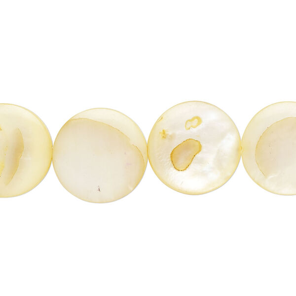 Mother-of-pearl shell 1pkg1, puffed flat round bead 15 inch daffodil 13-14mm image number 0