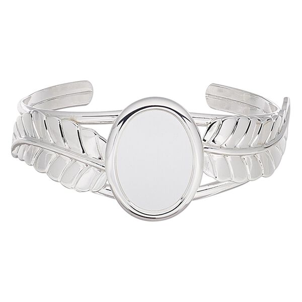 Bracelet, cuff, silver-plated brass / steel / "pewter" (zinc-based alloy), 30mm wide with 65x31mm feather and 25x18mm oval setting, adjustable. Sold individually. image number 0