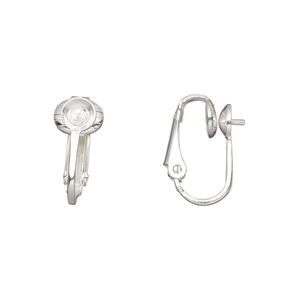 Earring clip-on 1pkg100 silver-plated, 16mm hinged / 5mm cup / 4mm peg / grooved / 5-7mm round setting, steel 50 pair