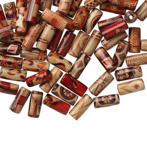 Bead mix, wood (coated), multicolored, 12x5mm hand-cut tube with painted pattern. Sold per pkg of 100.