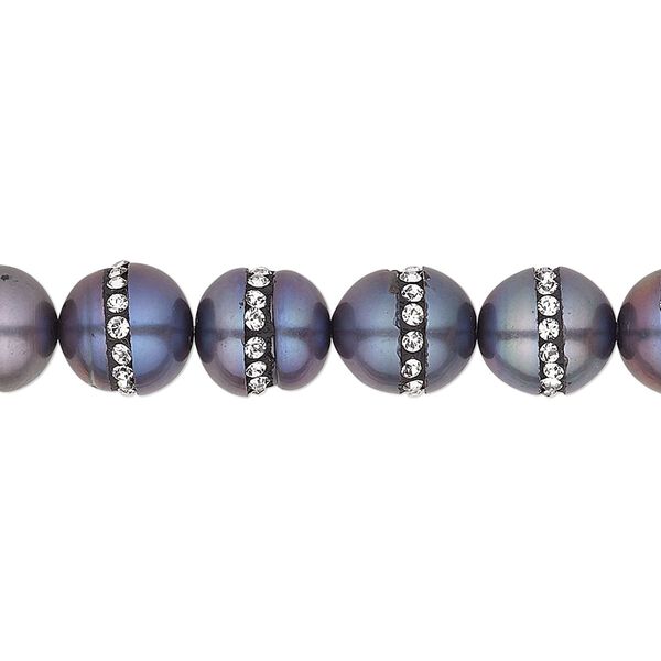 Pearl, cultured freshwater (dyed) and crystals, peacock and crystal clear, 9-10mm rice, C grade, Mohs hardness 2-1/2 to 4. Sold per pkg of 2. image number 0