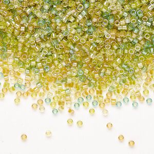 Seed bead, Miyuki Delica®, glass, pkg/7.5g, #11 round, transparent inside dyed color lemon/lime mix (DB0983).