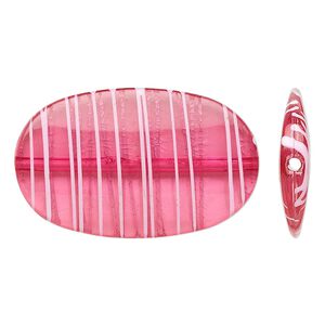 Bead, acrylic, semitransparent fuchsia and white, 45x27mm flat oval with painted line design. Sold per pkg of 20.