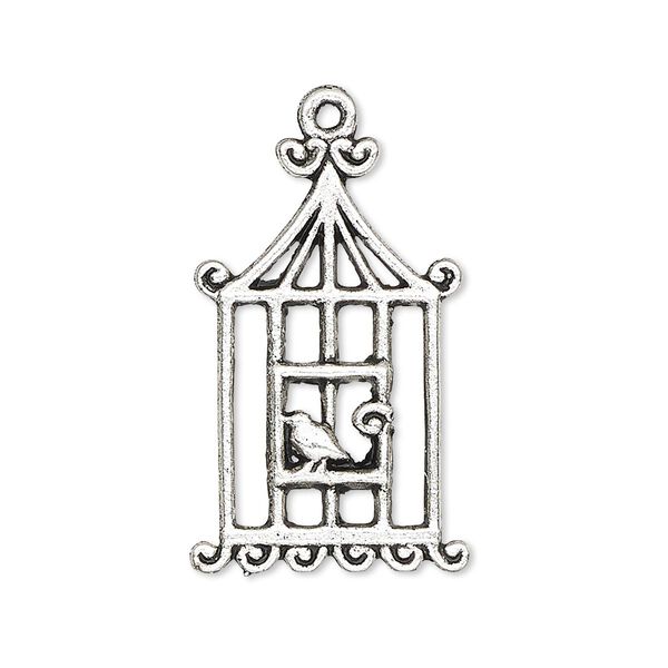 Charm, antiqued silver-finished "pewter" (zinc-based alloy), 29x19mm single-sided birdcage with bird. Sold per pkg of 4. image number 0