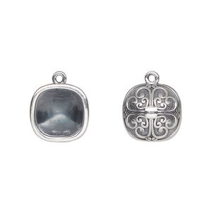 Drop, Almost Instant Jewelry®, antiqued sterling silver, 12.5mm rounded square with 10mm cushion setting and decorative back. Sold individually.