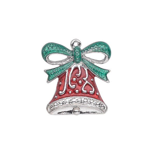 Charm, enamel and silver-plated "pewter" (zinc-based alloy), red and green, 20.5x19.5mm single-sided bell with fancy bow. Sold individually. image number 0