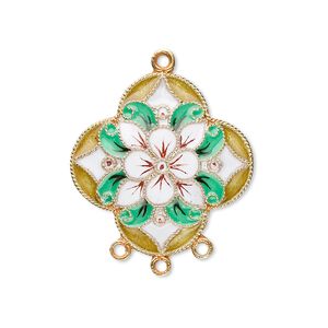 Drop, cloisonné, enamel and "vermeil," multicolored, 24.5x24mm flower with 3 loops. Sold individually.