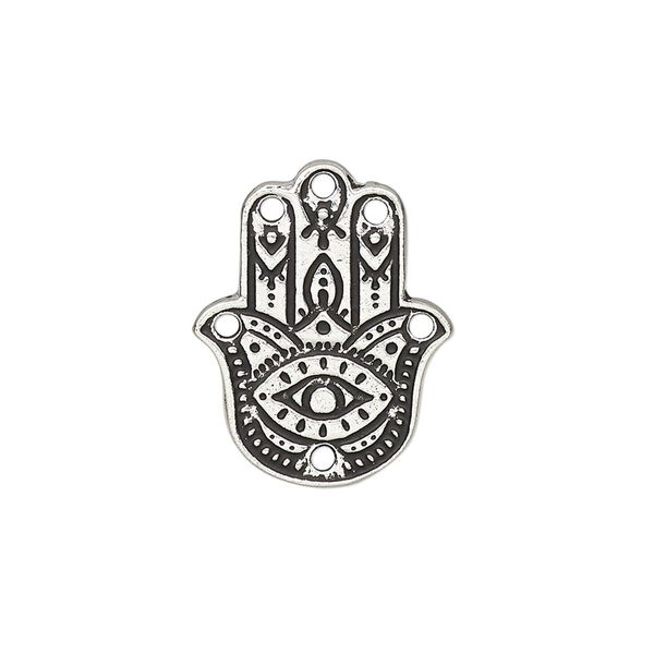Connector, TierraCast®, "Caravan" collection, antique silver-plated pewter (tin-based alloy), 22x17.5mm double-sided Hamsa hand with 6 holes. Sold per pkg of 20. image number 0