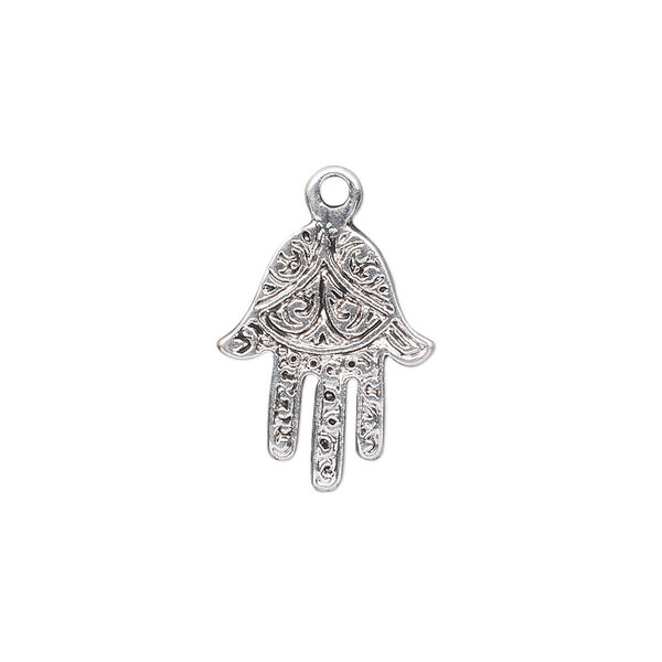 Drop, antique silver-plated "pewter" (zinc-based alloy), 18x14mm single-sided Fatima hand. Sold per pkg of 10. image number 0
