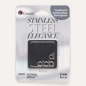 Clasp, springring, stainless steel, 6mm. Sold per pkg of 4.