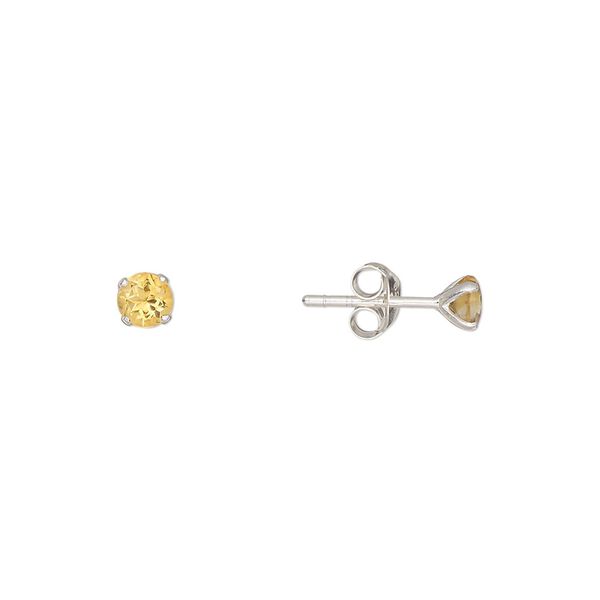 Earstud, Create Compliments®, sterling silver and citrine (heated), 4mm round. Sold per pair. image number 0