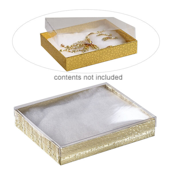 Box, plastic and paper, "cotton"-filled, gold and clear, 6-1/8 x 5-1/8 x 1-1/8 inch rectangle. Sold per pkg of 10. image number 0