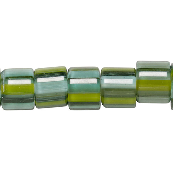Bead, cane glass, multicolored, 10x9mm-12x10mm round tube with stripes. Sold per 15-inch strand. image number 0