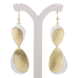 Earring, gold-finished steel and "pewter" (zinc-based alloy), silver with glitter, 2-1/2 inches with scratched figure 8 and fishhook ear wire. Sold per pair.