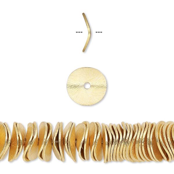 Bead, gold-finished copper, 10x2mm brushed wavy rondelle. Sold per pkg of 20. image number 0
