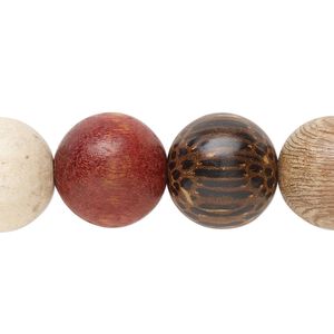Bead, wood (natural/bleached/dyed), pkg/8 inches, mixed colors, 15mm round.