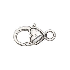 Clasp, lobster claw, antique silver-plated "pewter" (zinc-based alloy), 21x12.5mm with double-sided smooth heart design. Sold per pkg of 6.
