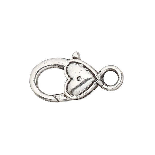 Clasp, lobster claw, antique silver-plated "pewter" (zinc-based alloy), 21x12.5mm with double-sided smooth heart design. Sold per pkg of 6. image number 0
