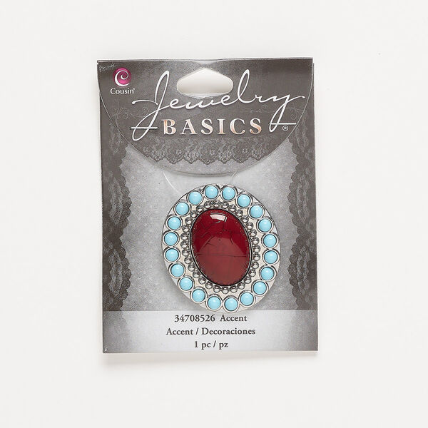 Pendant, silver-finished "pewter" (zinc-based alloy) and resin, blue and brick red, 42.5x38mm oval with hidden bail. Sold individually. image number 0