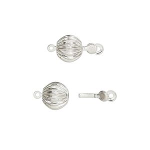 Clasp tab 1pkg100, 8mm corrugated ball, silver-finished brass 1-strand