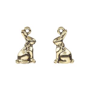 Charm, pewter (tin-based alloy), pkg/1, antique gold plate, 16.5x10mm 2-sided bunny.