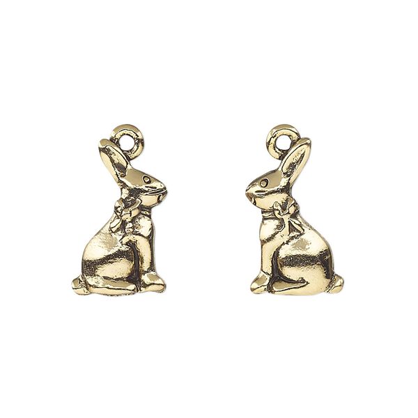 Charm, pewter (tin-based alloy), pkg/1, antique gold plate, 16.5x10mm 2-sided bunny. image number 0