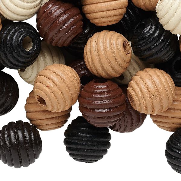 Bead mix, painted Korean boxwood, mixed colors, 15-16mm fluted round. Sold per 1/4 pound pkg, approximately 100 beads. image number 0