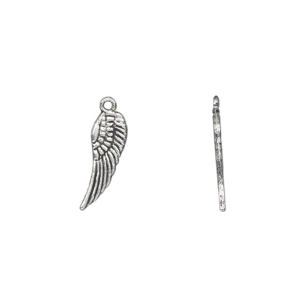 Charm, antique silver-plated "pewter" (zinc-based alloy), 15x5mm double-sided wing. Sold per pkg of 50. image number 0
