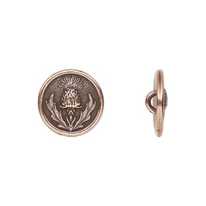 Button, TierraCast®, antique copper-plated pewter (tin-based alloy), 14.5mm round with thistle design. Sold per pkg of 2.