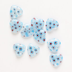 Bead, millefiori glass, pkg/10, translucent and transparent multicolored, 14mm half-drilled puffed heart.