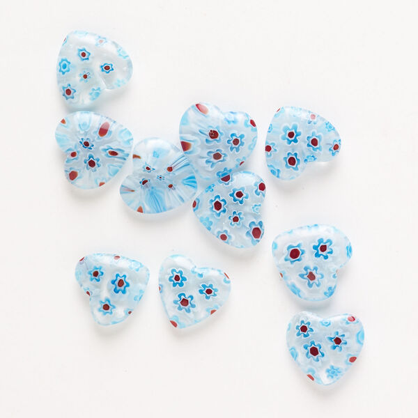 Bead, millefiori glass, pkg/10, translucent and transparent multicolored, 14mm half-drilled puffed heart. image number 0