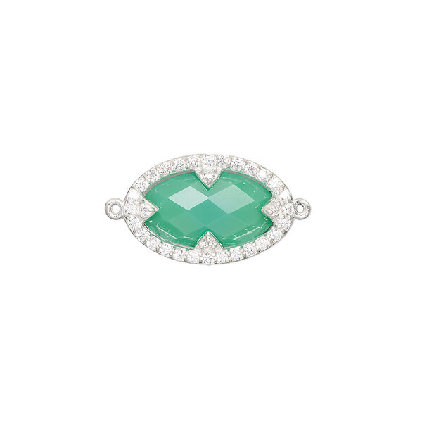 Link, chalcedony (dyed) / cubic zirconia / sterling silver, clear and sea green, 18x12mm double-sided faceted oval. Sold individually. image number 0