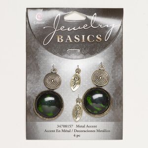 Drop, gold-finished "pewter" (zinc-based alloy) and resin, green and dark green, 17x7mm flat marquise with swirl design and 34x22mm double round. Sold per pkg of 4.