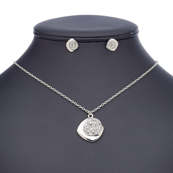 Necklace and earring set, glass rhinestone with imitation rhodium-finished steel and "pewter" (zinc-based alloy), clear, 25x24mm freeform, 18-inch necklace with 2-inch extender chain and lobster claw clasp, 12x12mm freeform with post. Sold per set. image number 0