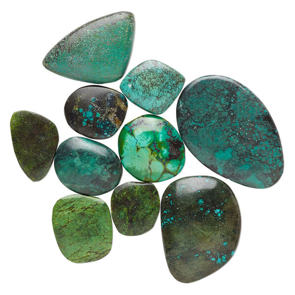 Cabochon mix, magnesite and turquoise (dyed / stabilized), blue / green / blue-green, 26x17mm-49x39mm freeform, Mohs hardness 3-1/2 to 4. Sold per pkg of 10. image number 0