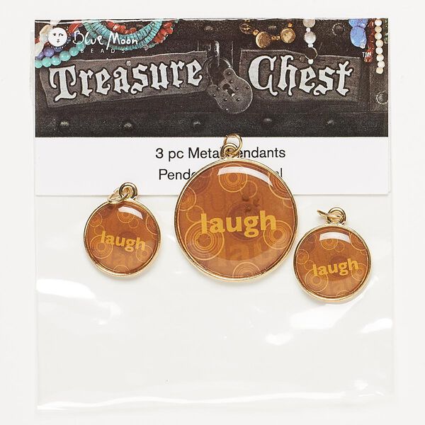 Drop, gold-finished "pewter" (zinc-based alloy), assorted round with "laugh." Pkg/3. image number 0