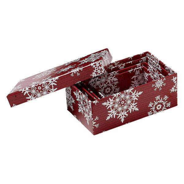 Nesting box, acid-free paper and cardboard, red and white, 3-1/2 x 2 x 1-1/4 to 5-1/4 x 3-1/4 x 2-inch rectangle with snowflake design. Sold per 4-box set. image number 0
